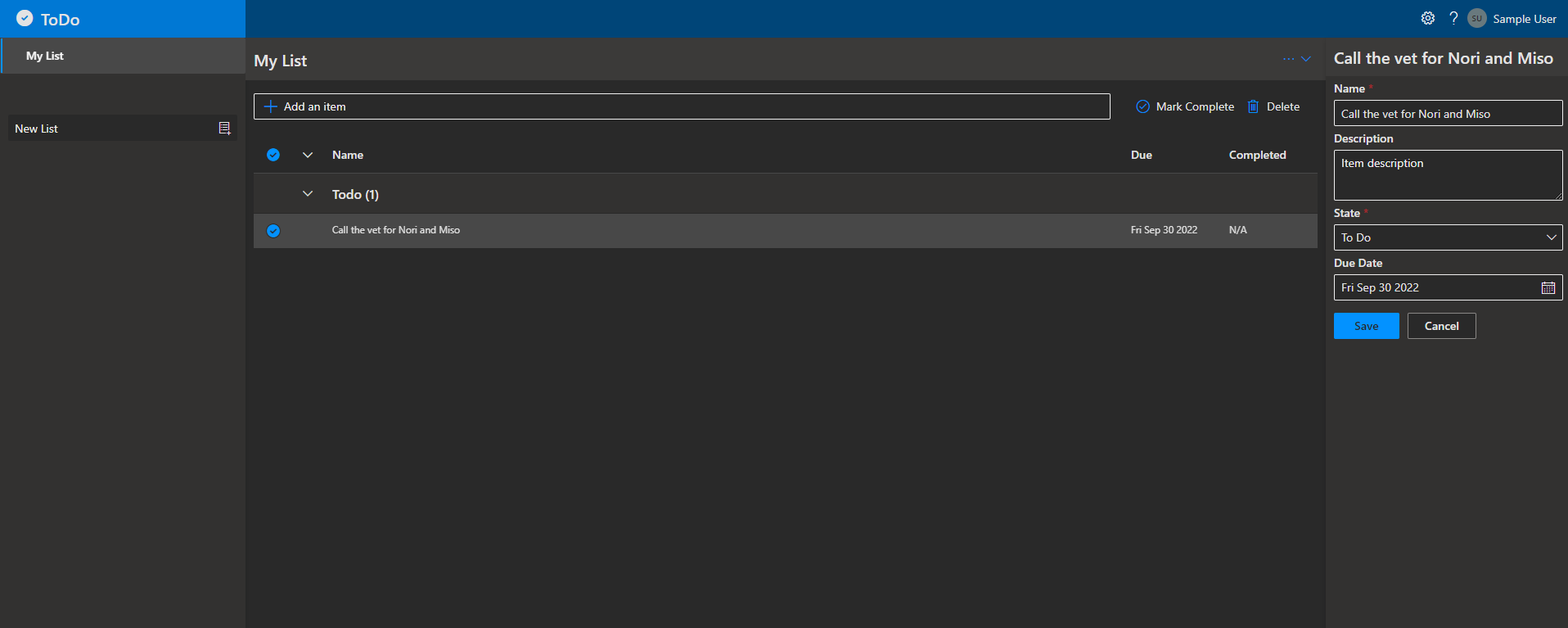 Task management app view with a to-do list item and a detailed edit panel for setting task description, status, and due date.