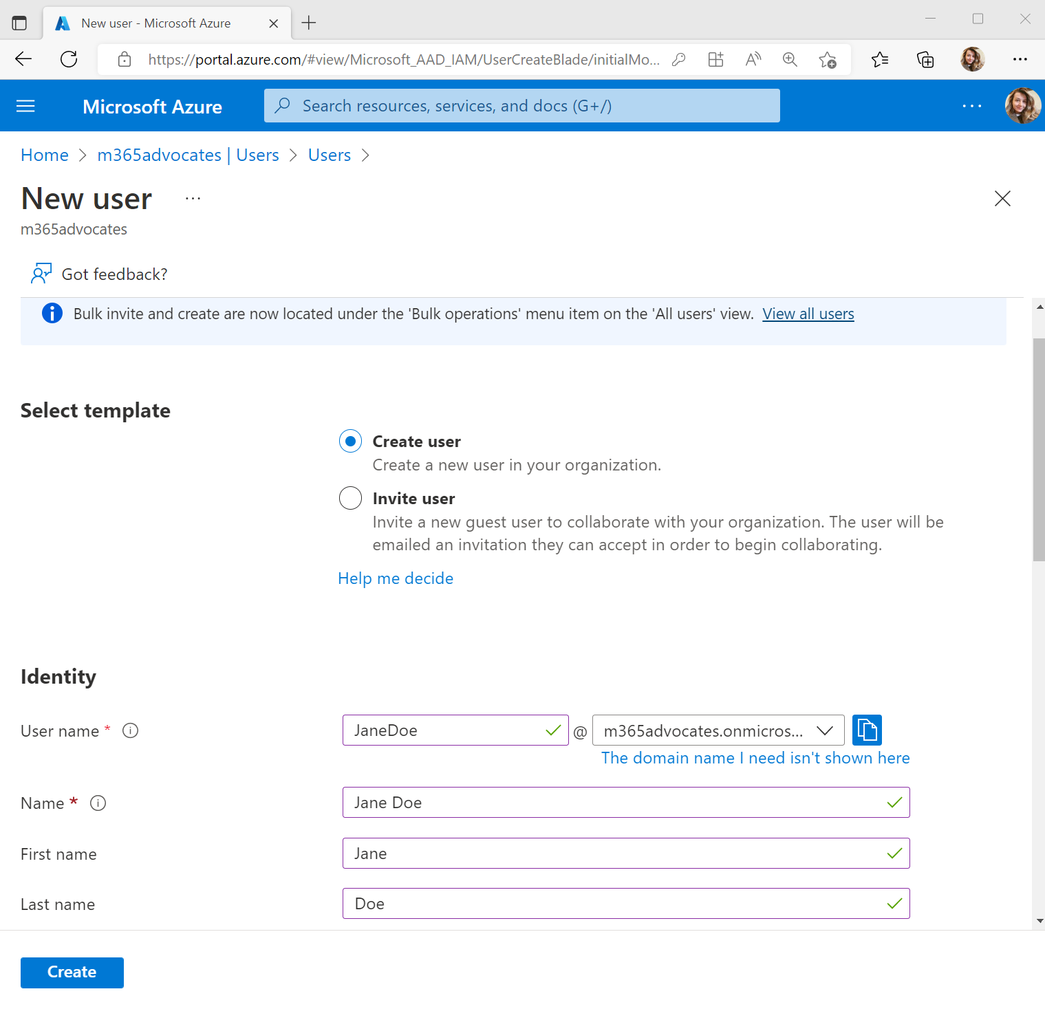 new user in Azure Active Directory