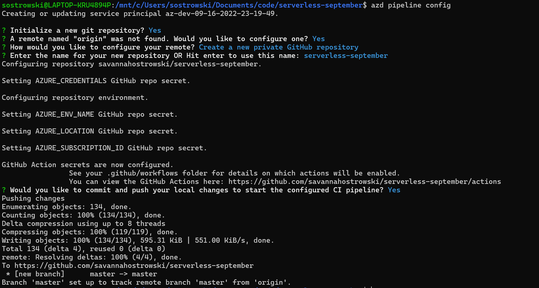 Terminal log showing azd pipeline config command creating a GitHub repository and configuring CI pipeline with Azure secrets.