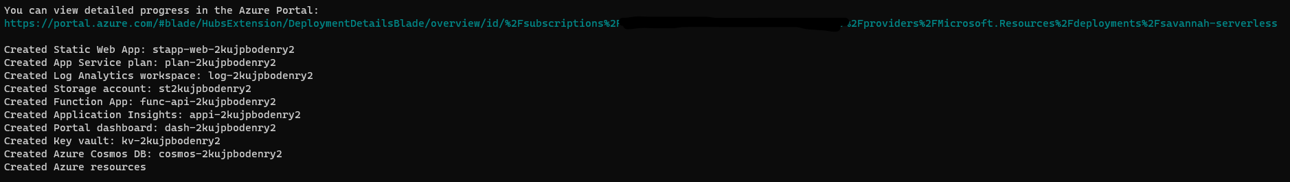 Terminal output showing Azure CLI provisioning resources, including a static web app, function app, storage, Cosmos DB, and Key Vault.