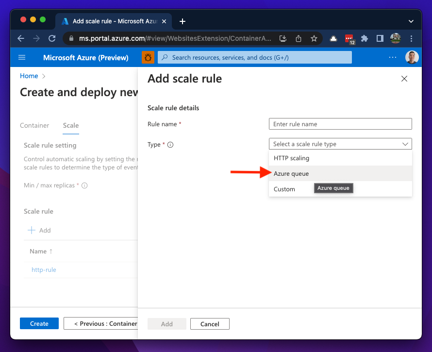 Adding Azure Queue scaling rule