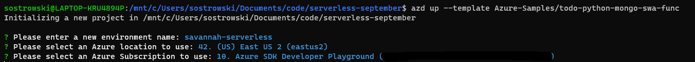 Terminal output showing azd up command initializing an Azure project with template setup, environment name, and subscription details.