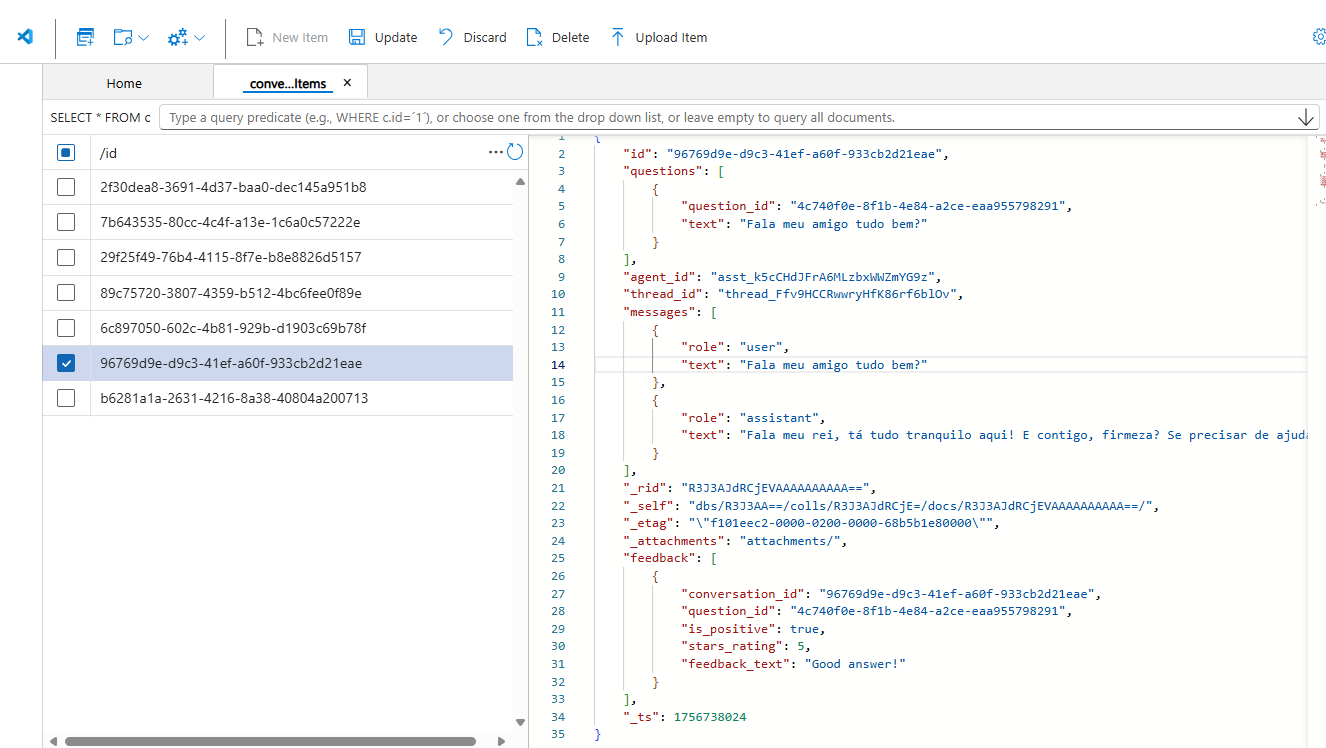 Feedback stored in Cosmos DB