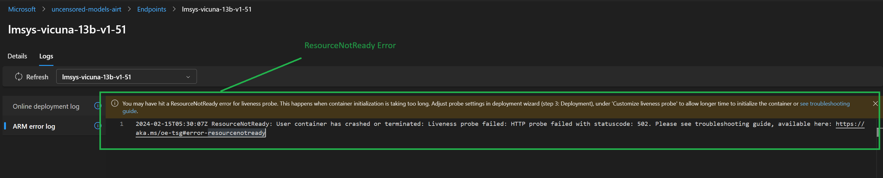 Azure ML Deployment ResourceNotReady Error