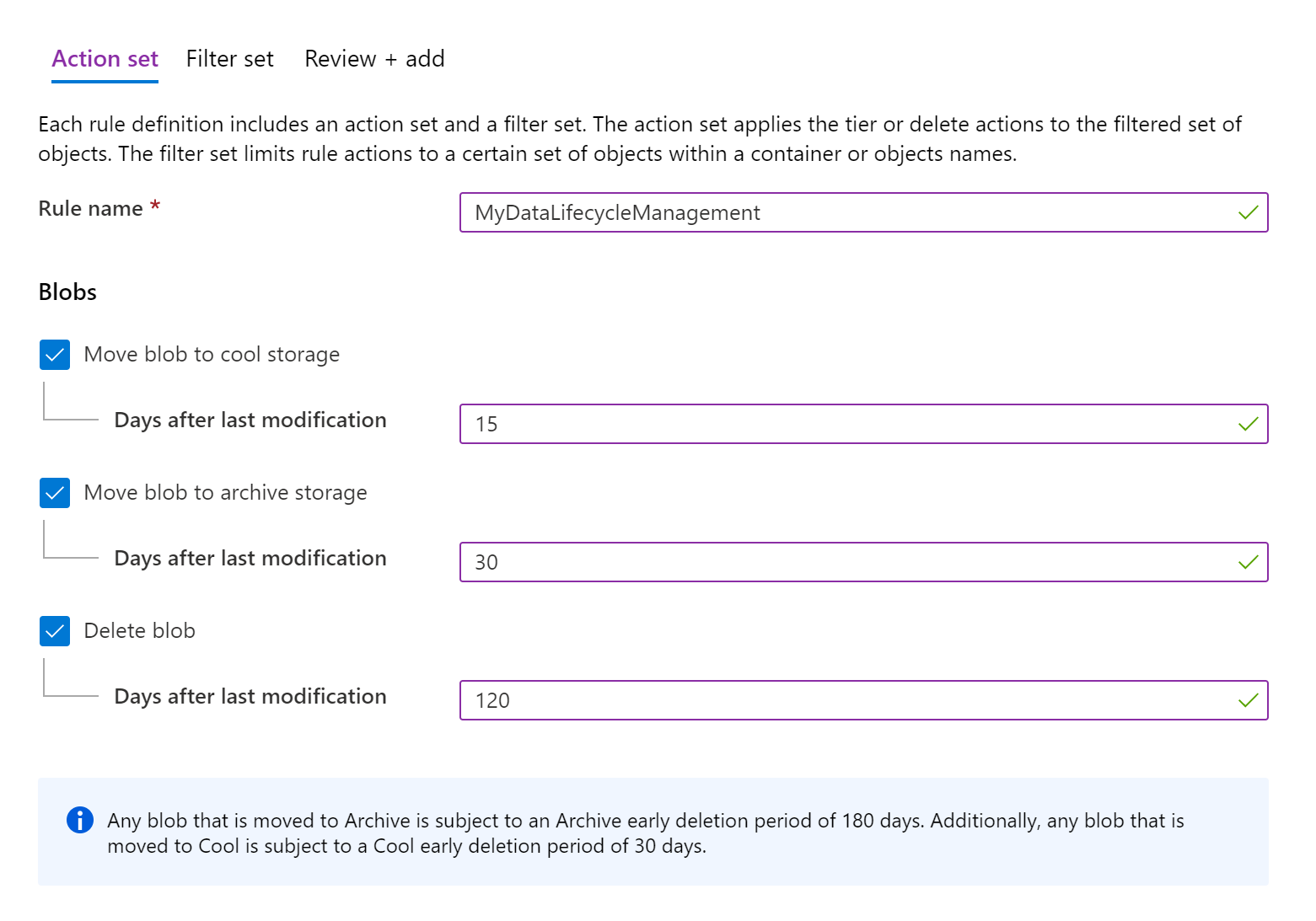 A screenshot of the Azure portal showing a data lifecycle management rule