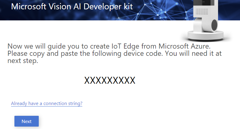 Result screen presenting your unique device code for connection to Azure IoT