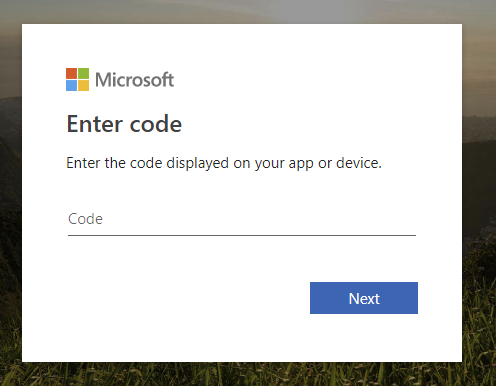 Dialog box for inserting the unique device code into