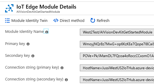 Azure IoT Hub Edge device screen with Module Identity Twin highlighted
