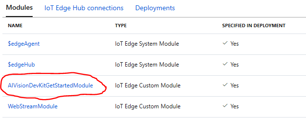 Azure IoT Hub Edge device screen with model file highlighted