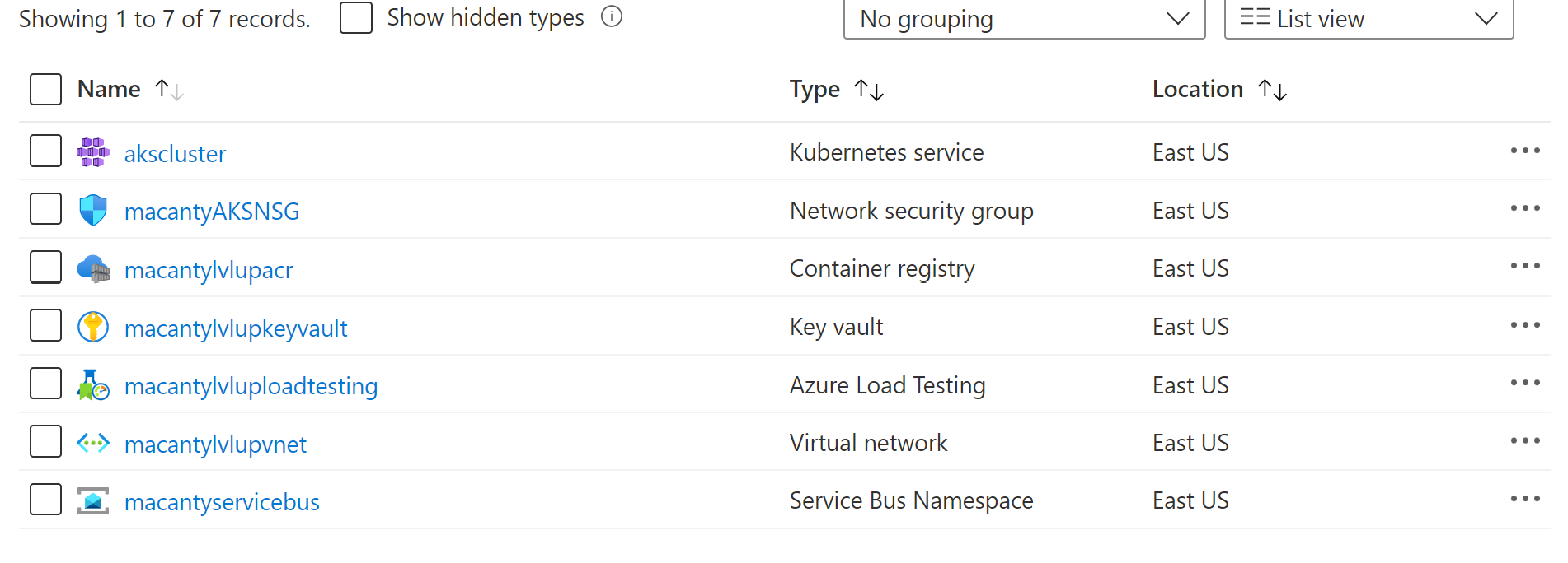 azure resources screenshot