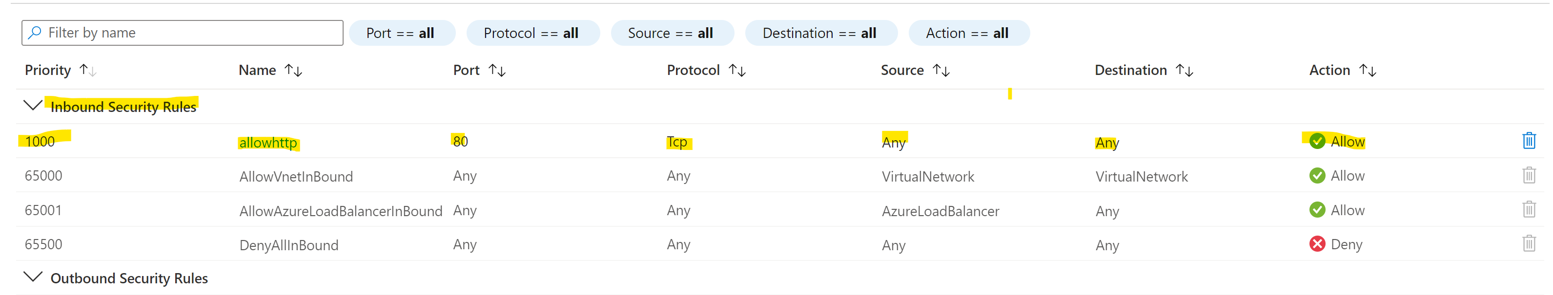 nsg rule 1000 showing open port 80