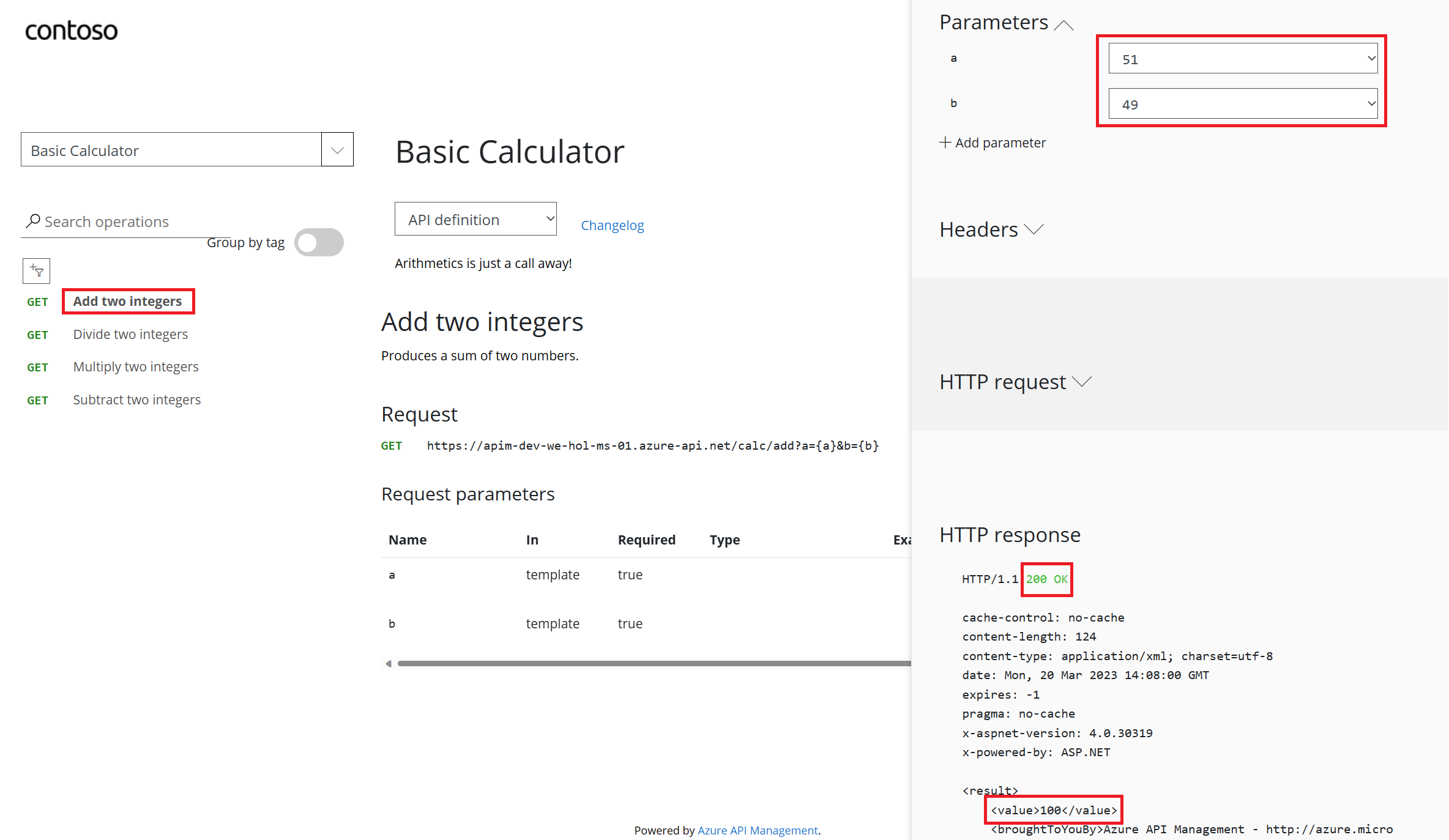 APIM Developer Portal Calculator API Try It