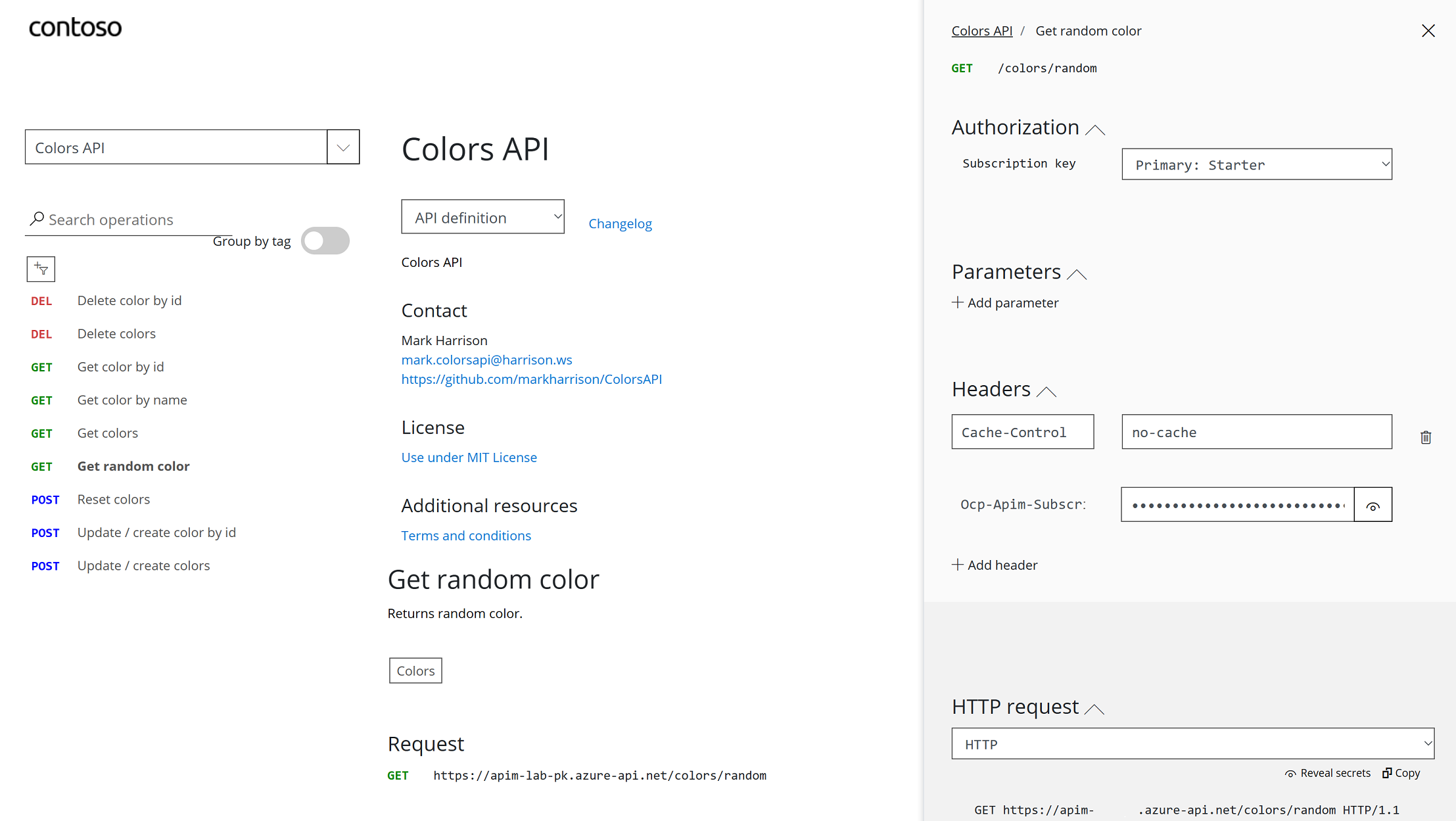 APIM Developer Portal Colors API Try It