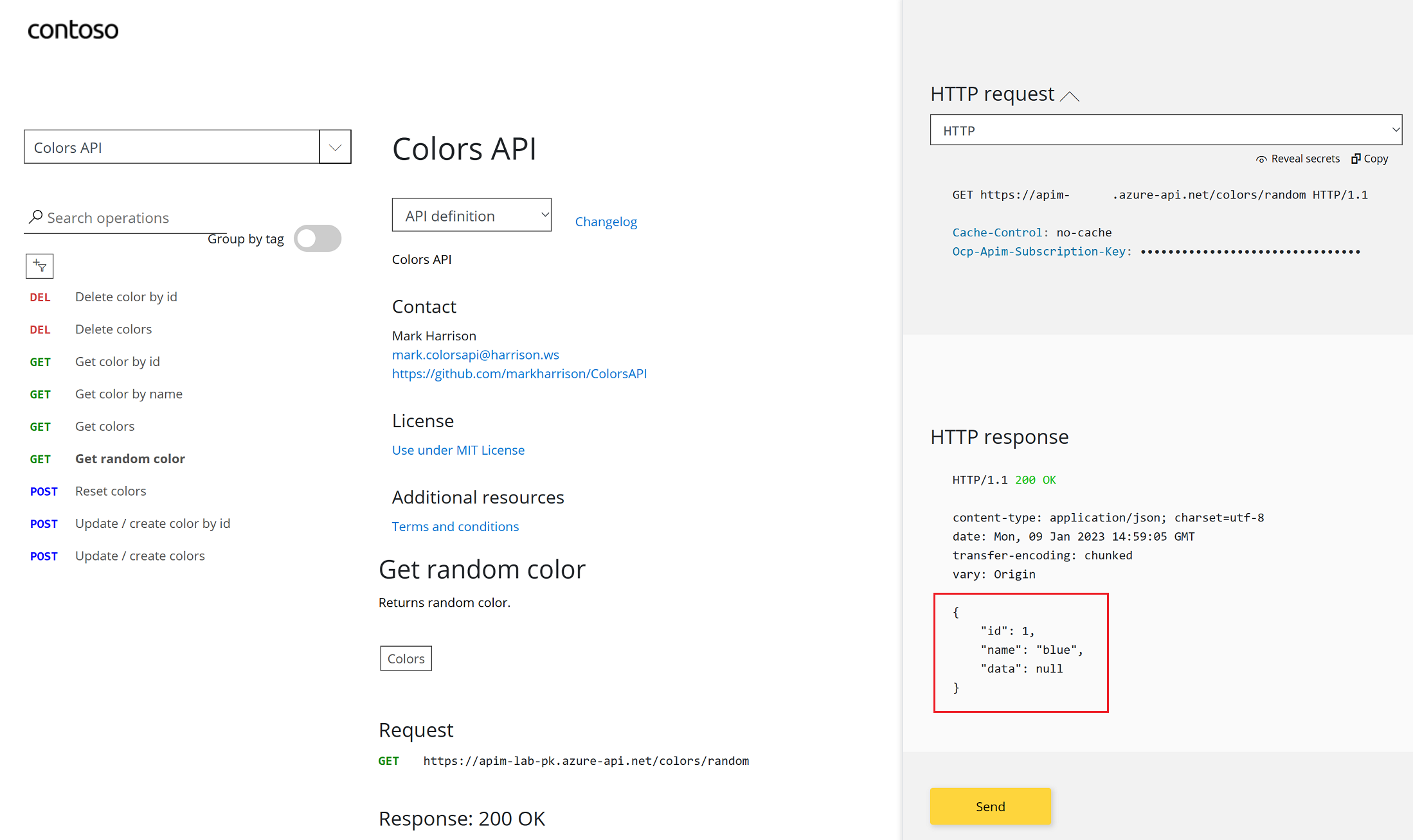 APIM Developer Portal Colors API Try It