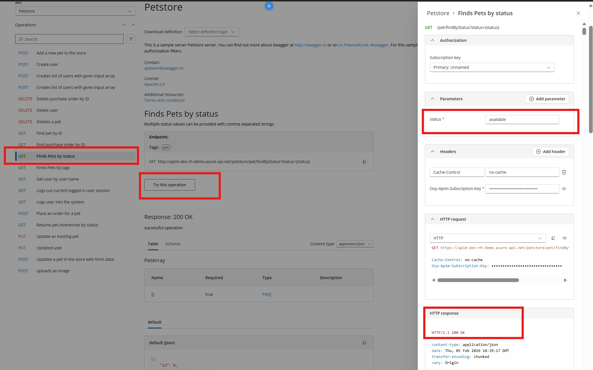 APIM Developer Portal Swagger Petstore API Try It