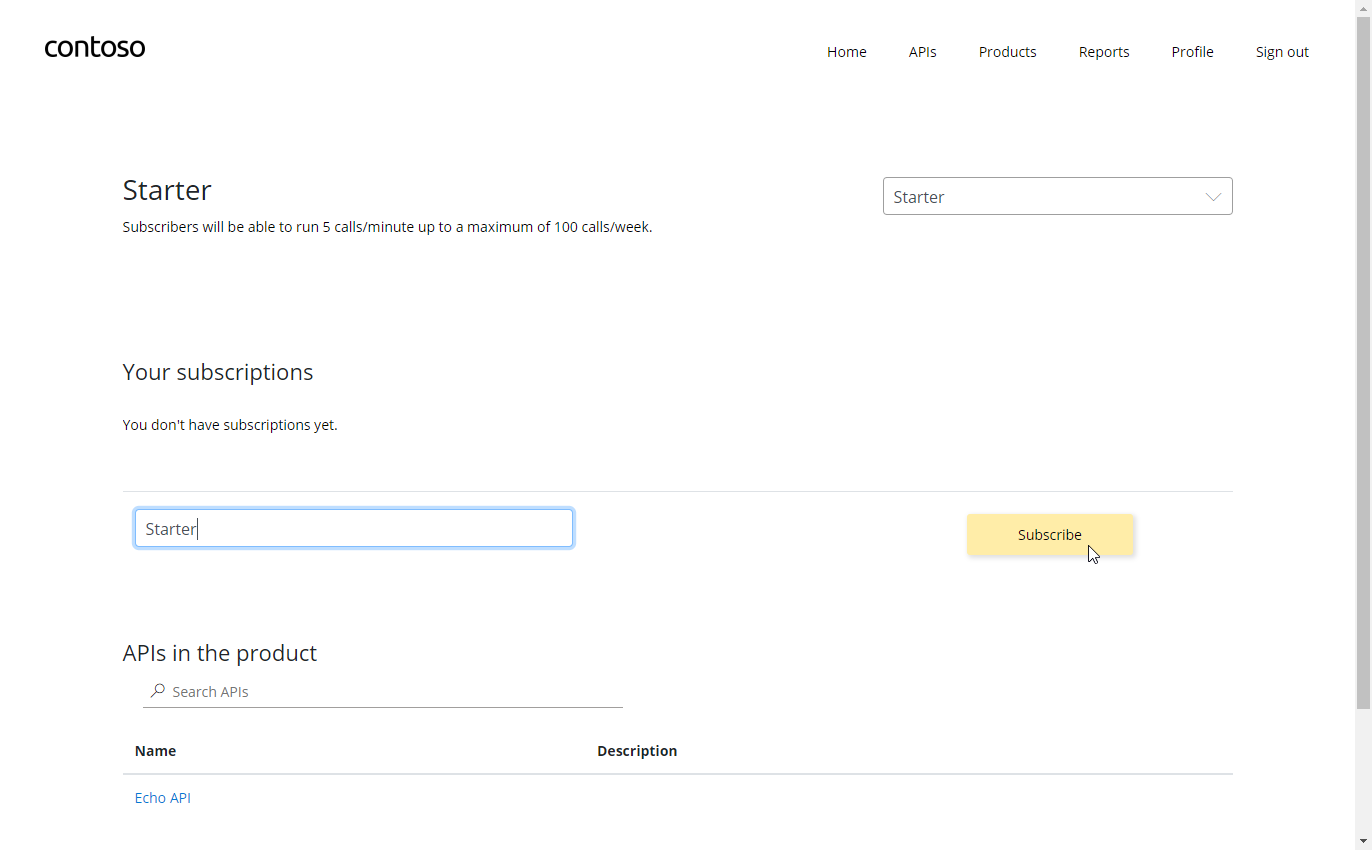 APIM Developer Portal Product Subscribe