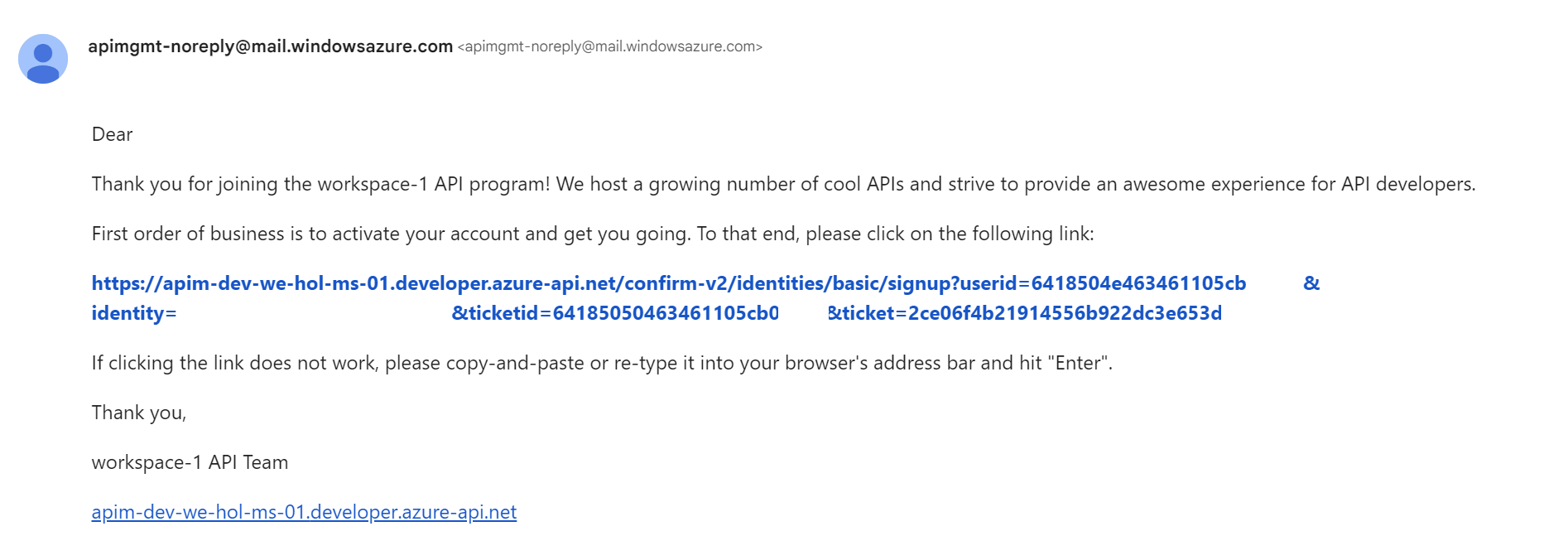 APIM Developer Portal Sign-up Email