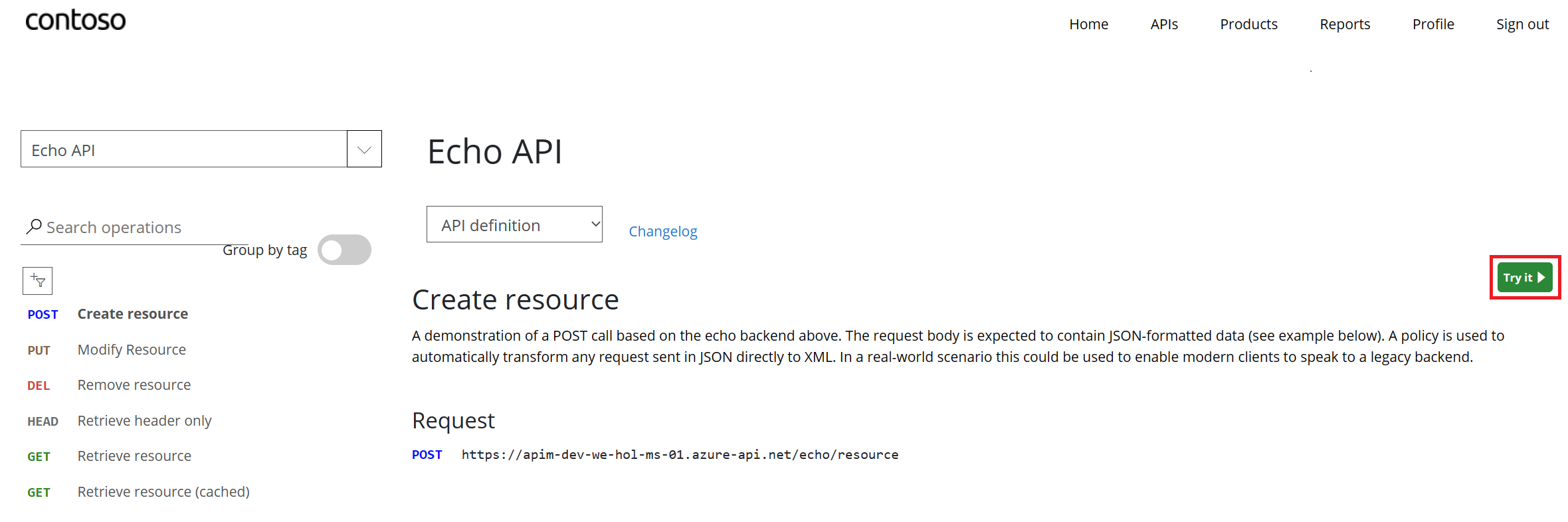 APIM Developer Portal Try API