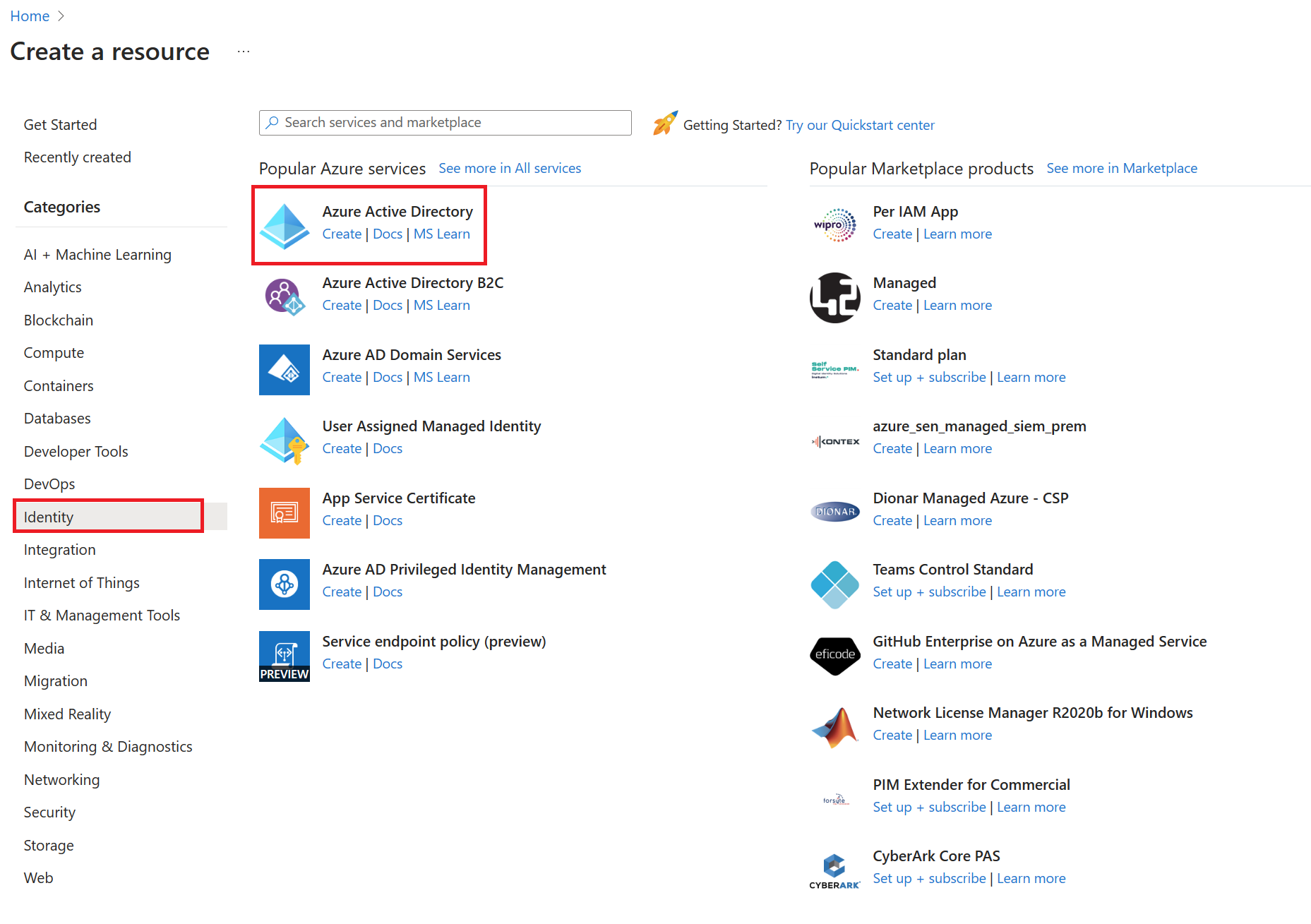 Azure Active Directory Create resoure page