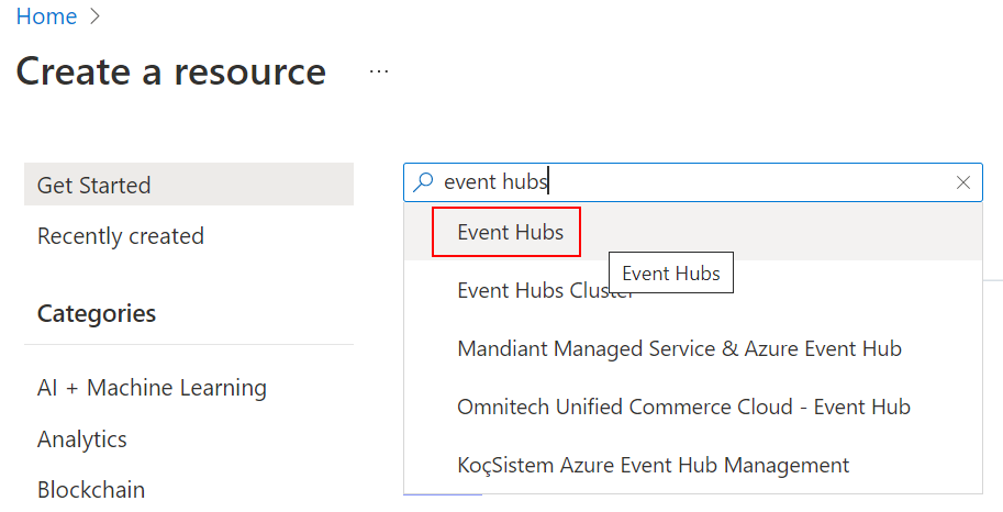 Select Event Hubs in Portal