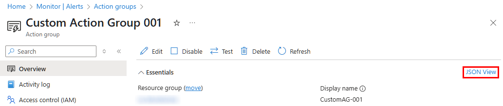 Action Group JSON View ID