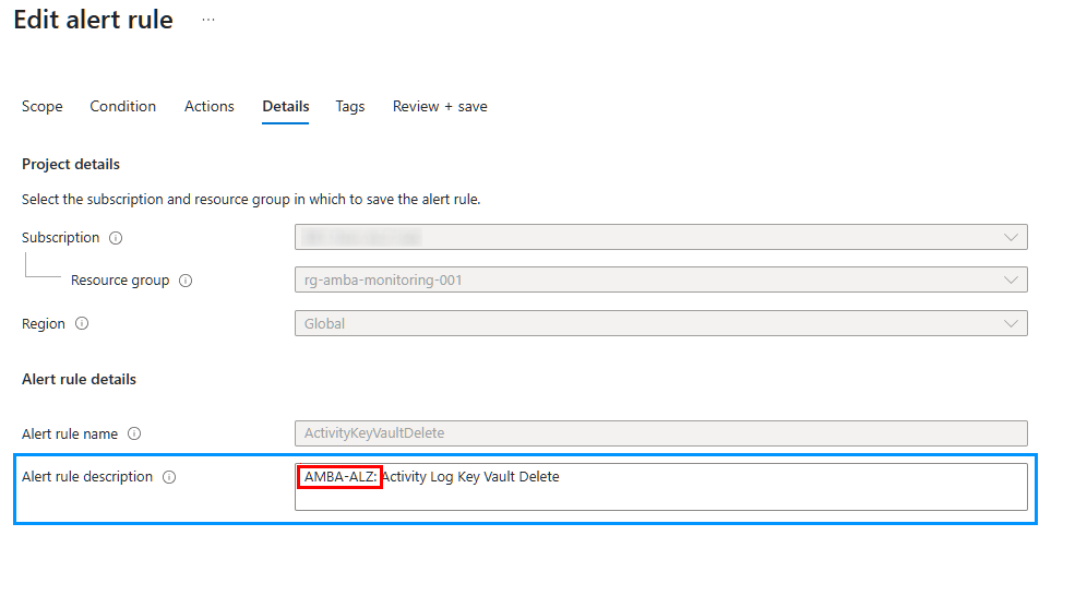 Alert description field with prefix