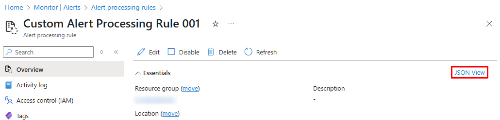 Alert Processing Rule JSON View ID