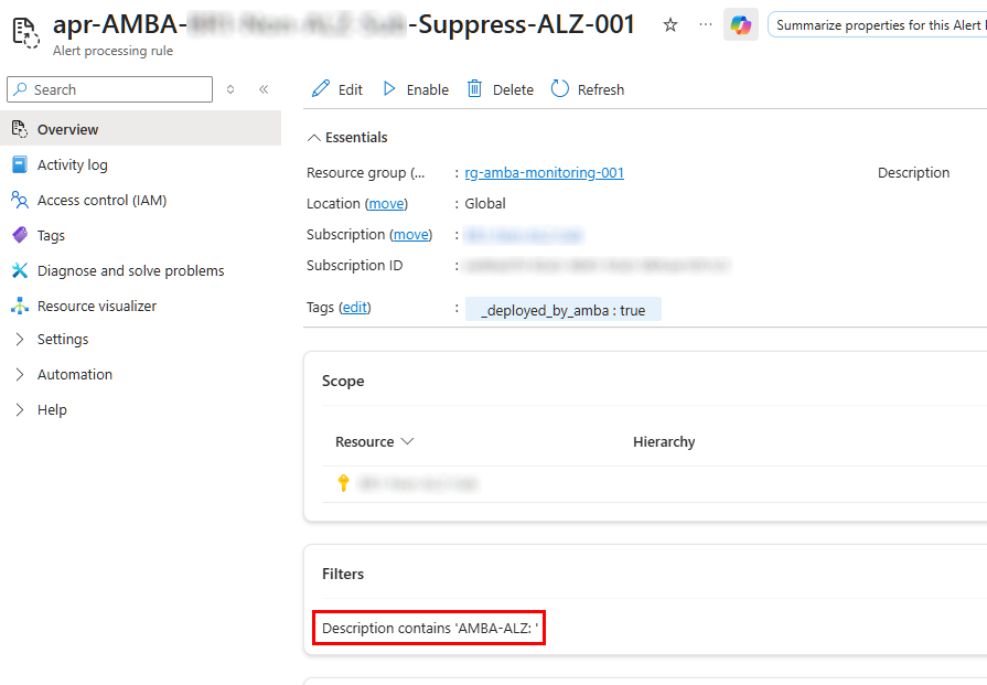 Suppression Alert Processing Rule - Description filter