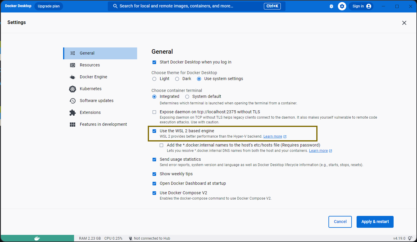 Docker Desktop General Settings showing WSL 2 option