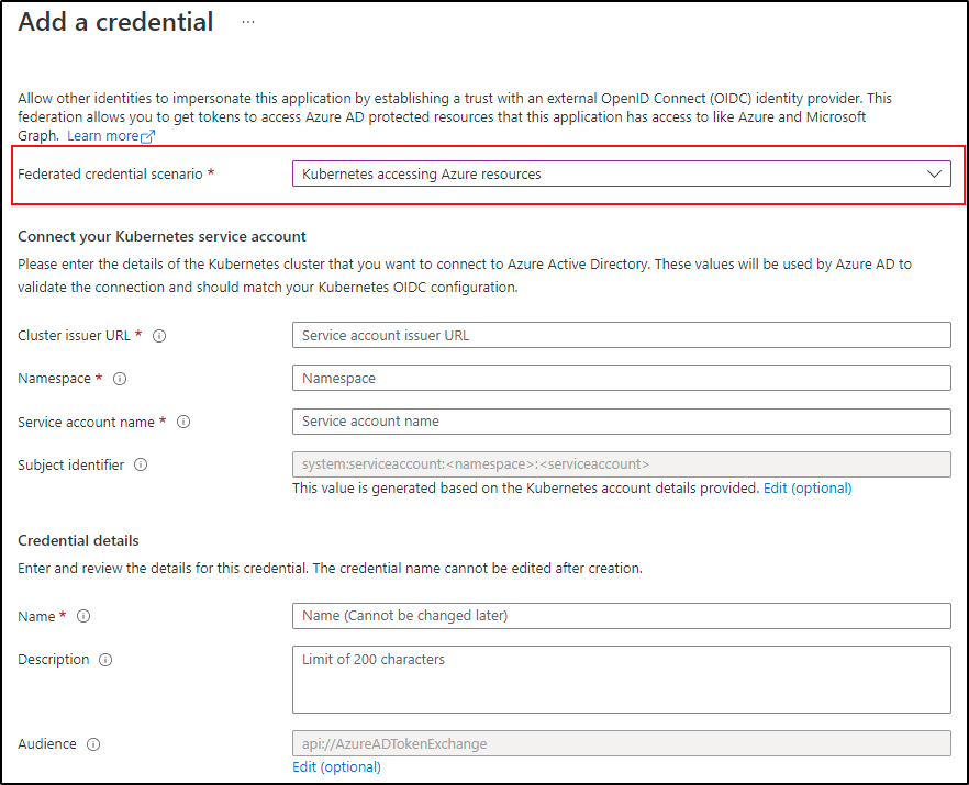 Screenshot showing Azure Portal app registration federated credential screen for Kubernetes scenario