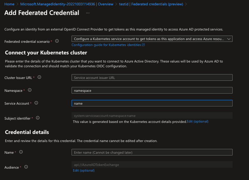 Screenshot showing Azure Portal user-assigned managed identity federated credential screen for Kubernetes scenario