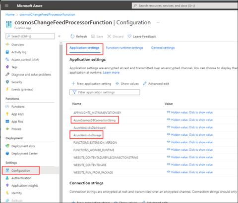 Screenshot showing the Configuration page of the Azure Function App.