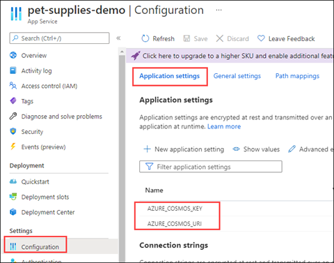 Screenshot showing the App Service Configuration page.