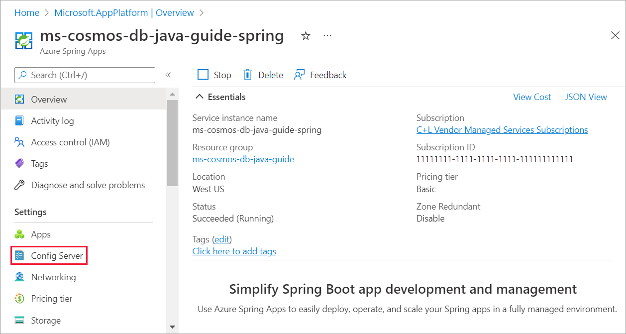 Screenshot showing the Azure Spring Apps page with Config Server selected.