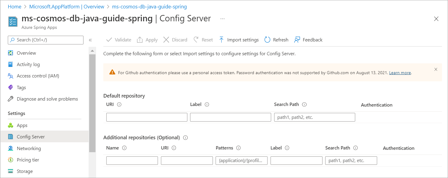 Screenshot showing the Config Server settings.