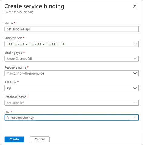 Screenshot showing the settings on the Create service binding page.