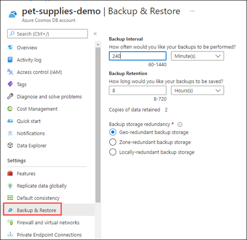 Screenshot that shows an Azure Cosmos DB account with Backup and Restore selected.