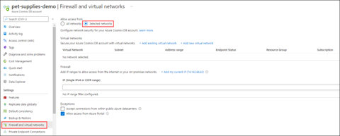 Screenshot that shows a Azure Cosmos DB account with Firewall and virtual networks selected.