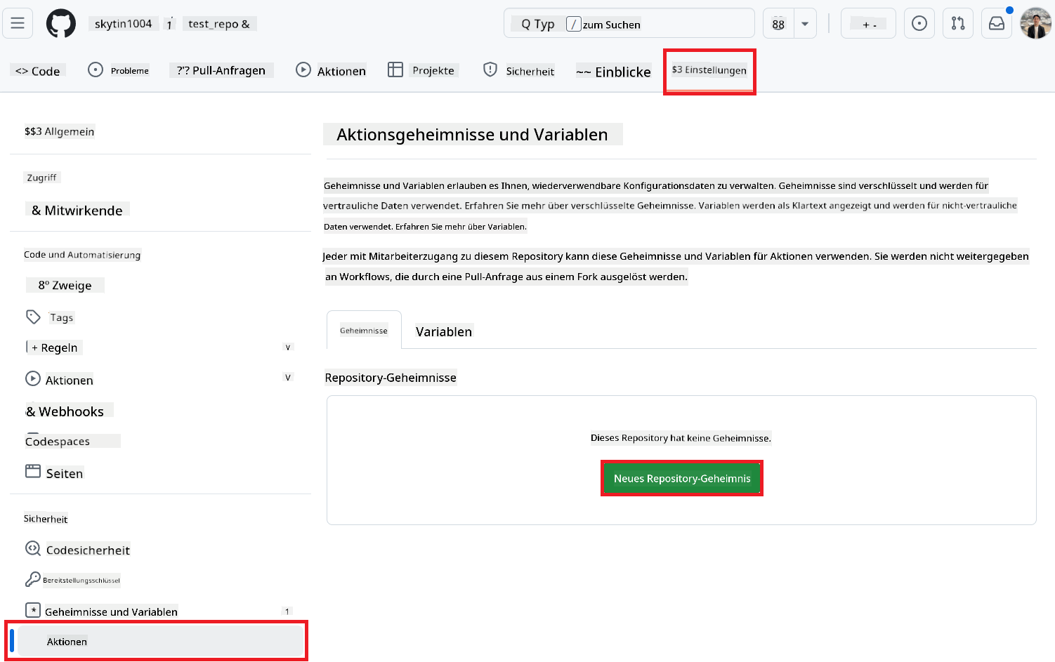 Action-Einstellung auswählen