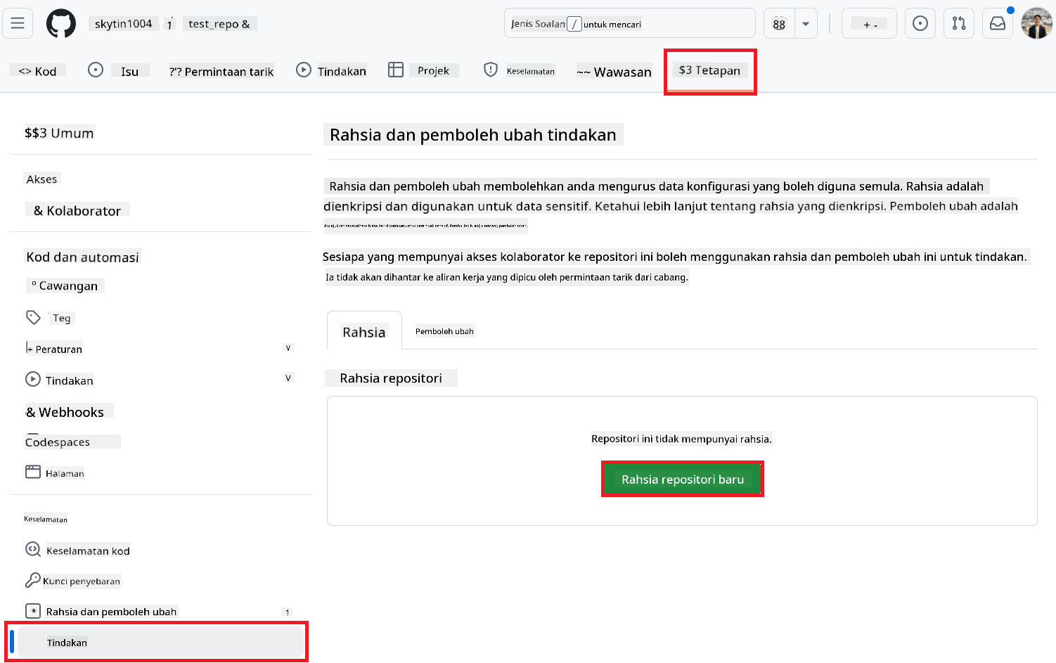 Pilih tetapan action
