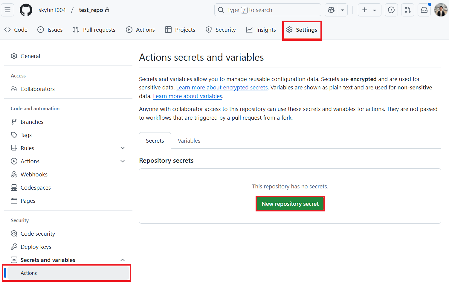 Einstellung für Actions auswählen