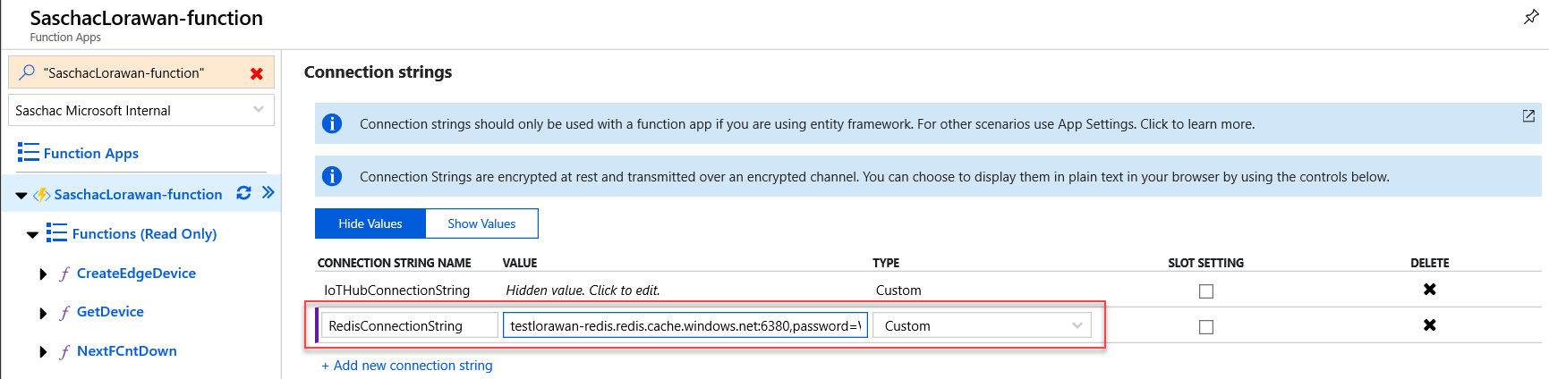 Add Redis Cache Connection string