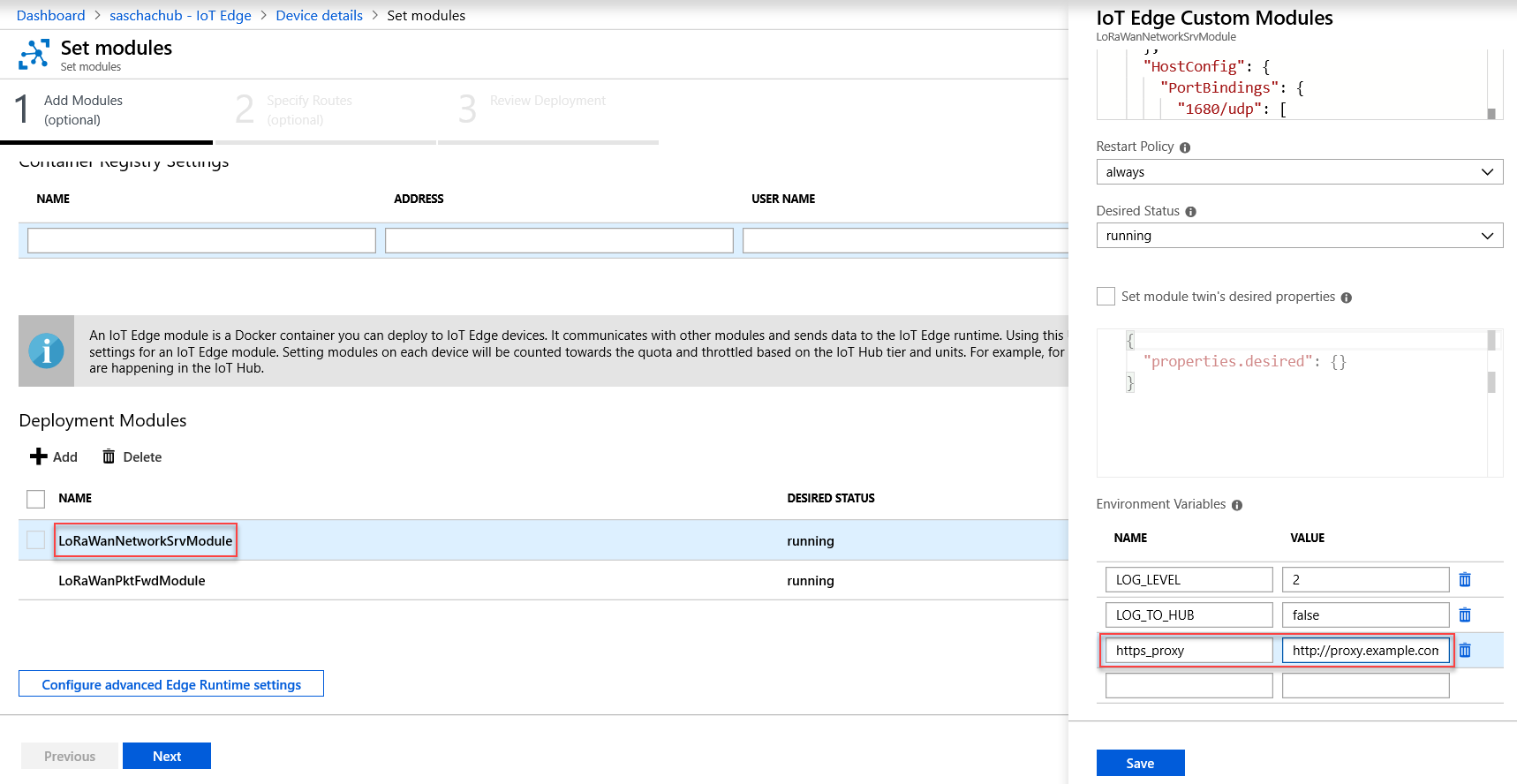 IoT Hub Edge Device Module Setting