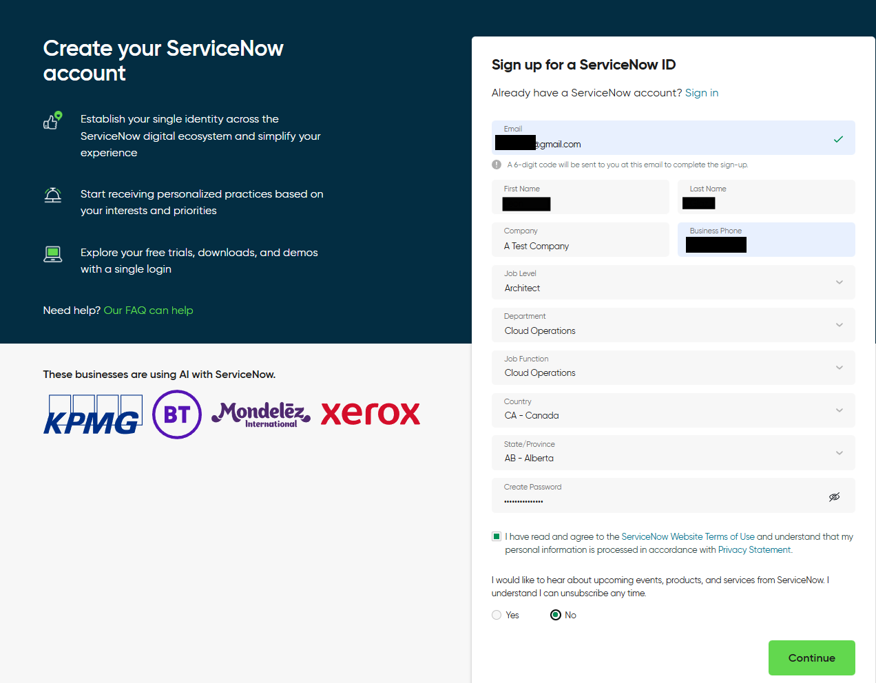 ServiceNow ID Signup