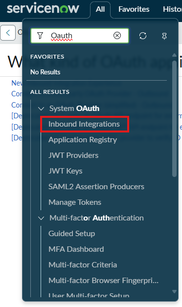 Menu OAuth Inbound Integrations