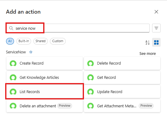 Select Action ServiceNow List Records