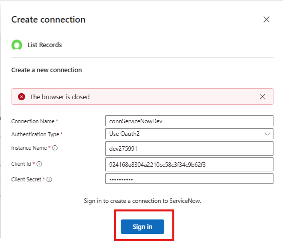 ServiceNow Connection - Sign In