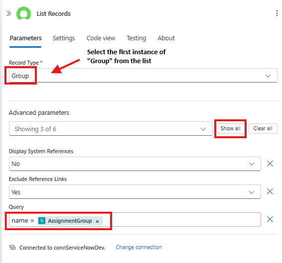 ServiceNow List Action Configuration