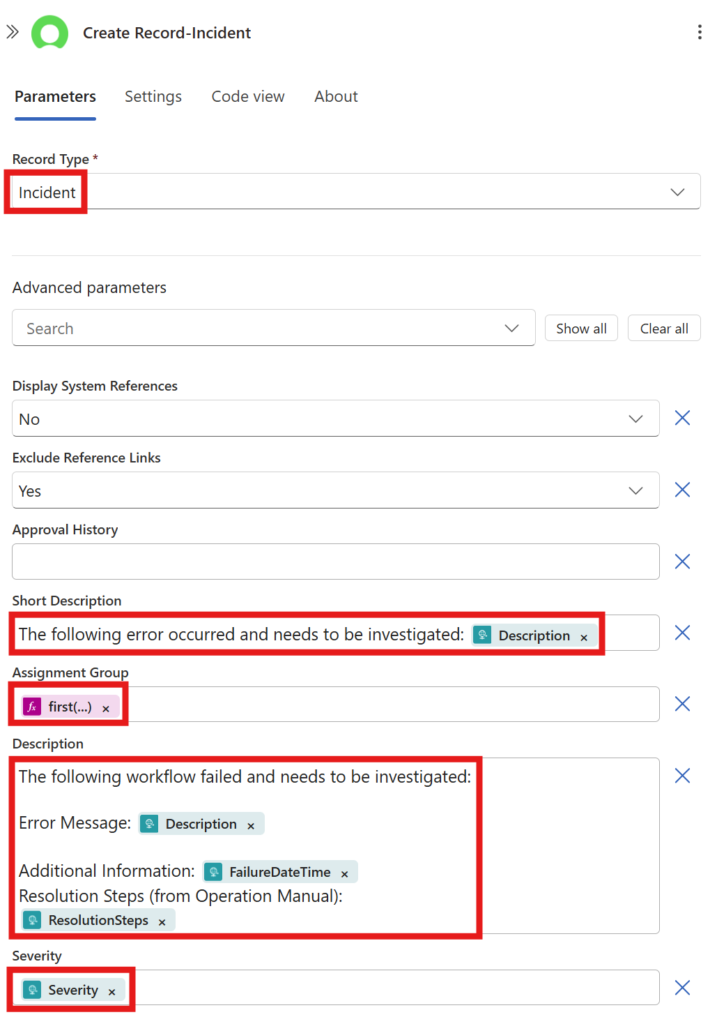 Configure ServiceNow Create Record
