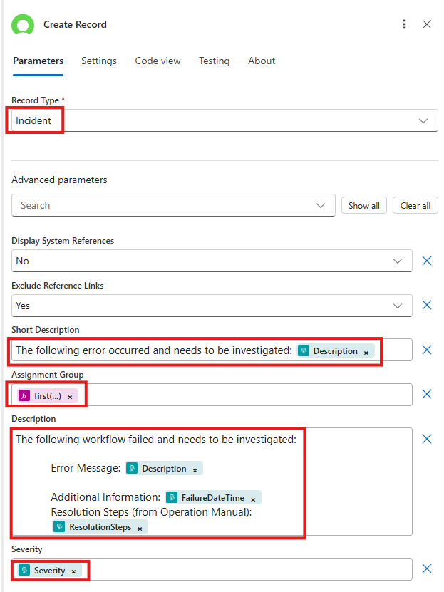Configure ServiceNow Create Record